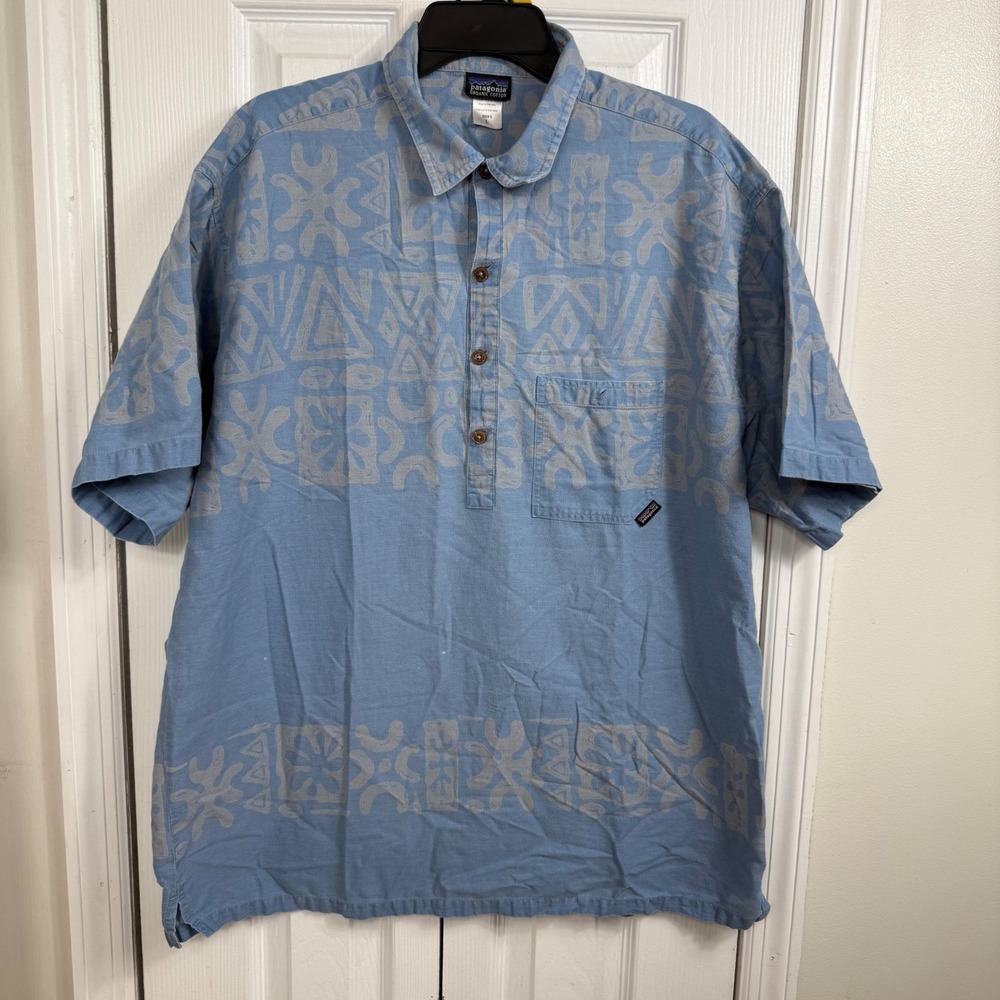 Patagonia Pataloha Shirt Large Blue Tribal Print Organic Cotton Popover S5